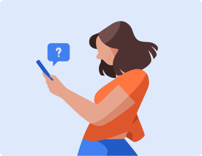 drawing of a woman with an orange shirt holding a phone, a question mark bubble comes out from the phone