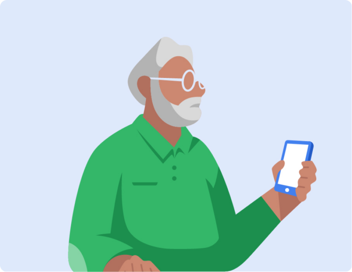 drawing of an elderly man with a green polo holding a cell phone