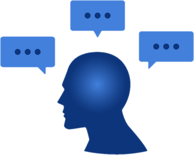 icon of a person's head with text bubbles around