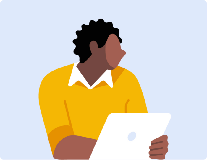 drawing of a man with a yellow shirt using a laptop