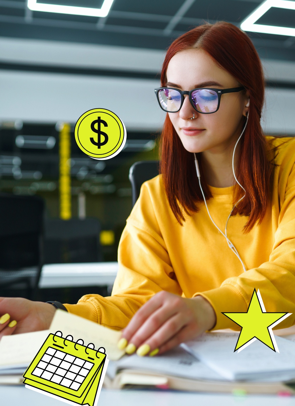 yellow background with money icons, an image of an SUV, a cash icon, a little house of $100 bills, and a piggy bank icon