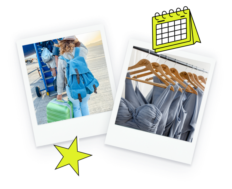 two polaroid-style photos: a person traveling with a backpack and rolling suitcase, a closet rack of several similar dresses on hangers