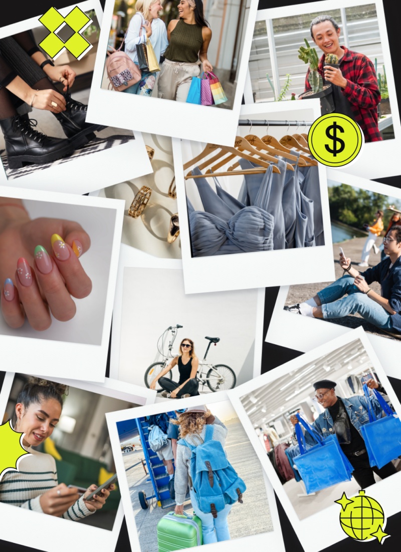 a collage of polaroid-style photos with various yellow icons relating to money