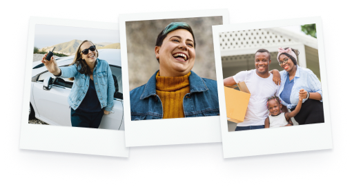 three polaroid-style photos: a woman holding car keys, a woman laughing, and a couple with a young child
