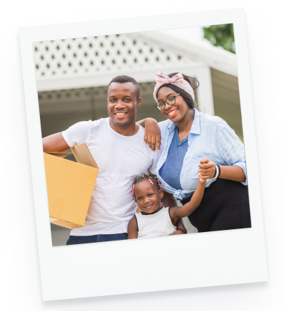 polaroid-style photo of a couple with a young child