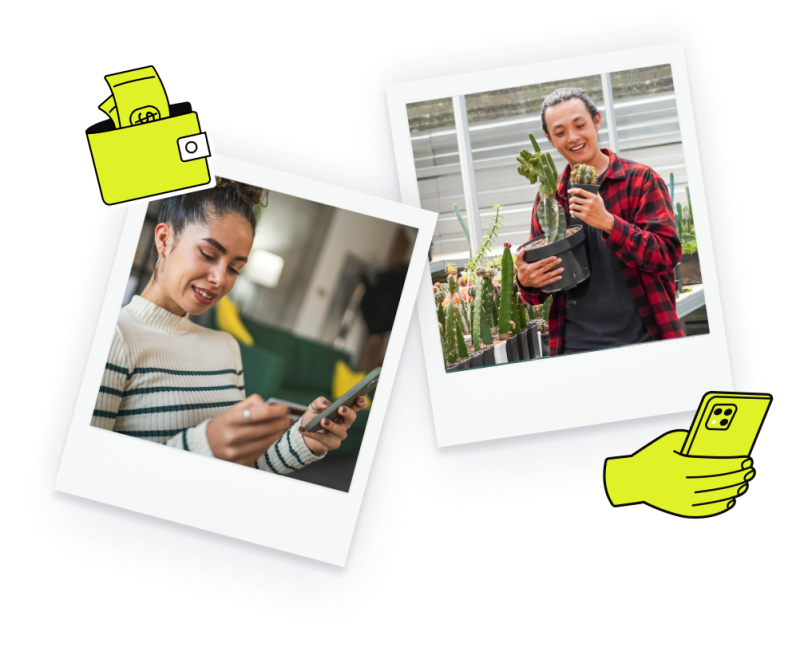 two polaroid-style photos: a woman on her phone, and a person holding a cactus