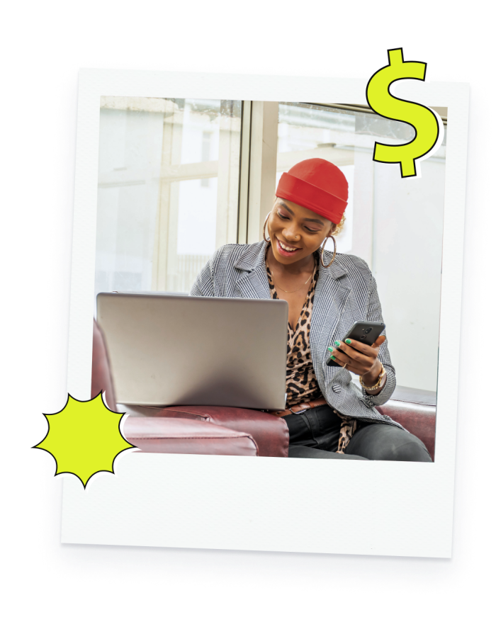 a polaroid-style photo of a woman smiling while using her laptop and cellphone, icons of a starburst and dollar sign