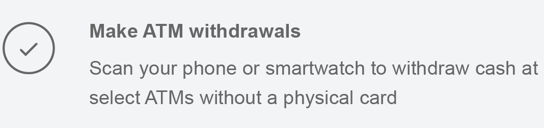 Make ATM withdrawals Scan your phone or smartwatch to withdraw cash at select ATMs without a physical card