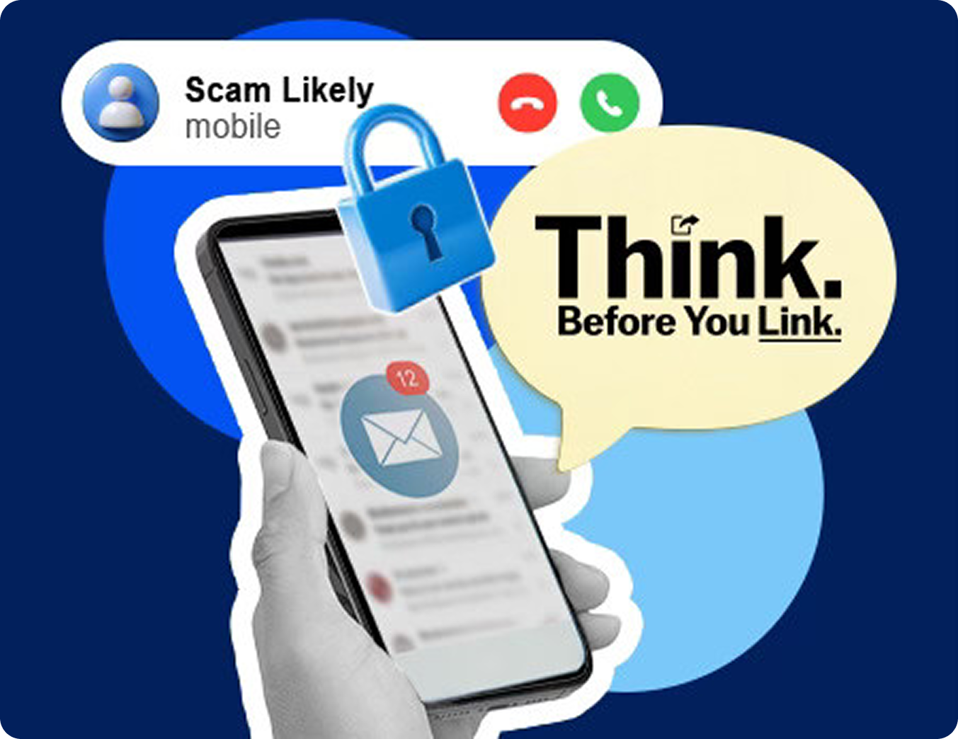 smartphone receiving an alert saying Scam Likely, logo for Think Before You Link