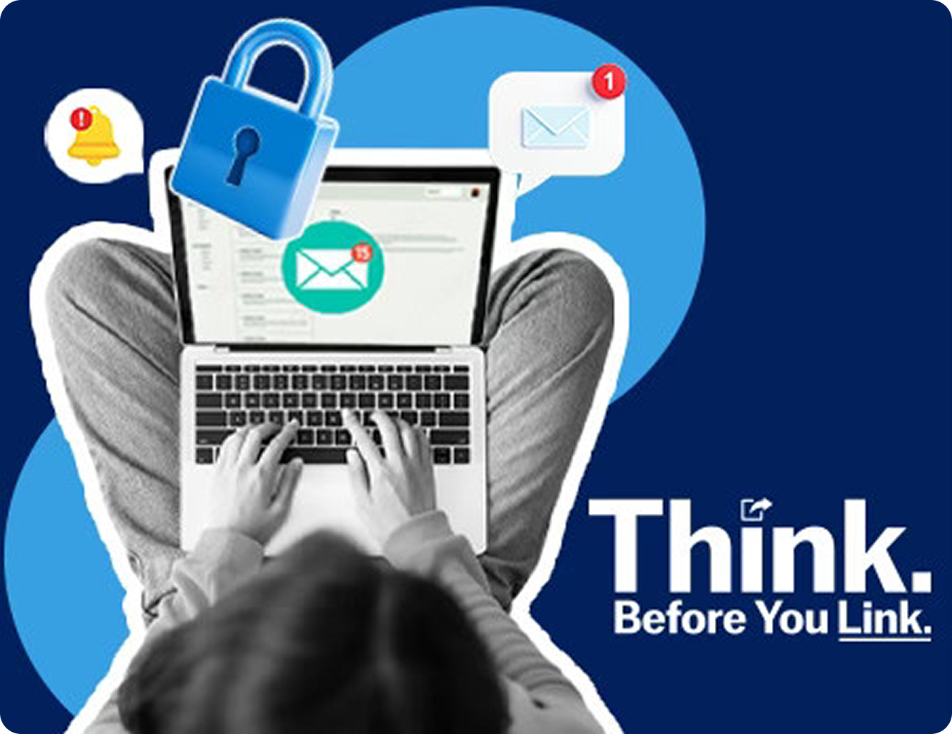 person using a laptop, logo for Think Before You Link