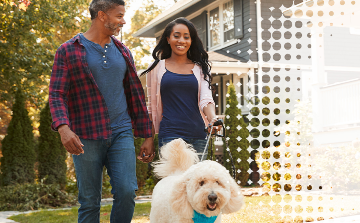 a couple walking their dog outside in a neighborhood
